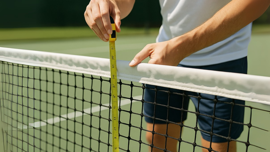 Person Measuring Height of Tennis Net with Tape Measure